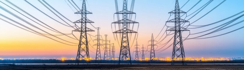 A stunning sunset landscape featuring power lines and pylons against a colorful sky, symbolizing energy and modern infrastructure.