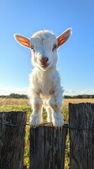 Cute baby goat standing on a wooden fence, its tiny hooves gripping the edge while it curiously looks toward the camera, with a blue sky and grassy field in the background, leaving space for text