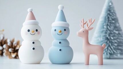 Two playful snowmen in pastel colors standing next to cute pink deer, Christmas toys