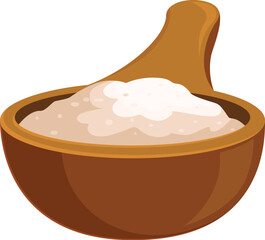 Heaping wooden scoop is resting on a bowl full of flour, perfect for baking delicious bread