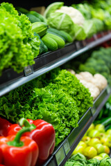 Racks in grocery with fresh healthy fruits and vegetables in a supermarket.