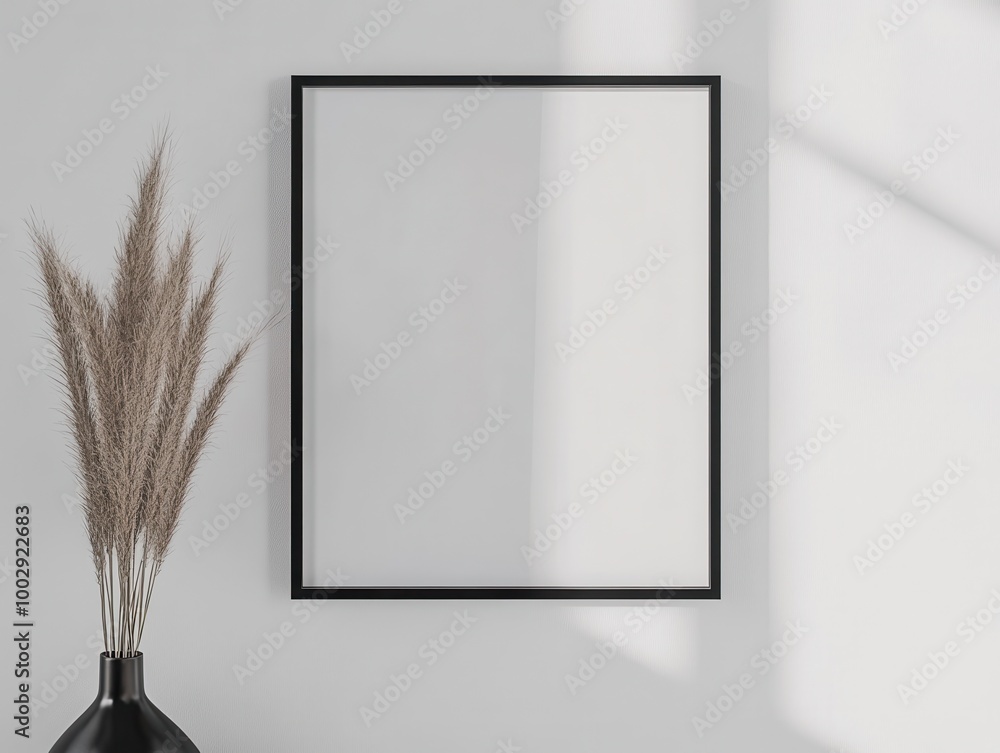 Wall mural stylish black frame with blank space for artwork, complemented by a minimalist vase and dried grass 