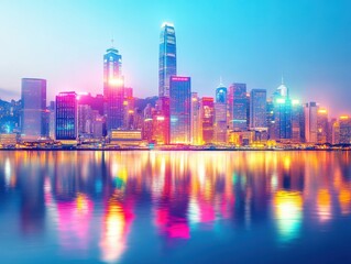 Fototapeta premium Vibrant skyline at dusk showcasing illuminated skyscrapers reflected in the water, capturing the essence of urban beauty.