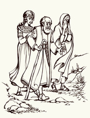 Vector drawing. Lot flee from Sodom