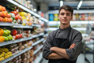 Fototapeta premium Young male supermarket employee in front of racks in grocery or a supermarket.