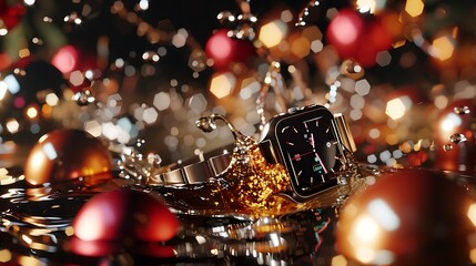 An array of festive drink splashes surrounds a smartwatch