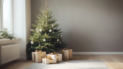 A beautifully decorated Christmas tree with gifts against the backdrop of a light interior creates an atmosphere of celebration and comfort