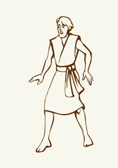 Vector drawing. Fearfull man in ancient dress