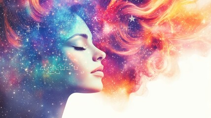 A vibrant illustration of a woman with cosmic hair, symbolizing imagination and creativity in a surreal universe.