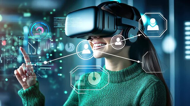 woman in a green suit stands in front of a green background with a green cityscape. She is wearing a virtual reality headset, technology, futuristic, virtual