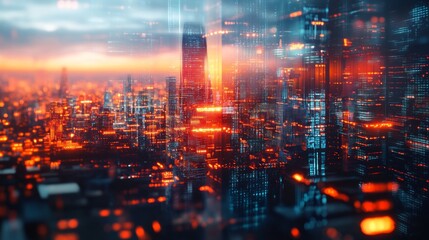 Fototapeta premium Creative glowing city skyline with abstract metaverse wallpaper. Digital future and cyberpunk concept. Double exposure