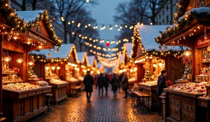 Obraz premium Festive Christmas market with twinkling lights and decorated stalls during winter evening