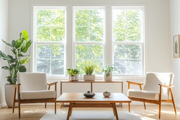 Fototapeta premium Living room with large windows. Minimalist interior photo with armchair and wood table. Generative AI 