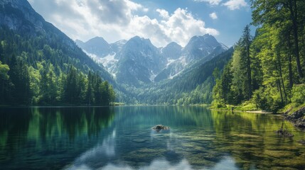Fototapeta premium Peaceful alpine lake surrounded by lush forest and majestic mountain peaks.