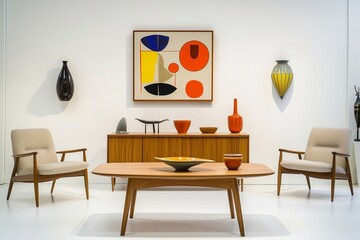 A modern interior photograph of a Scandinavian interior and mid-century modern interior combination of a country house with art frames hanging on its white walls. Generative AI
