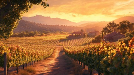 Fototapeta premium Golden sunset over a lush vineyard with rolling hills in the background.