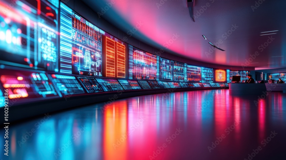 Poster futuristic control room with glowing screens and high-tech designs, showcasing data visualization an