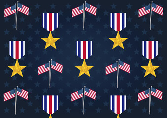 dark pattern background with stars and american flags and us hero medals