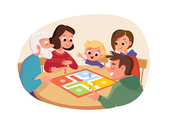 Hole family seats by table and plays table games together. Family members relatives having fun while playing board game. Spending time playing tabletop games. Vector illustration. Family dinner
