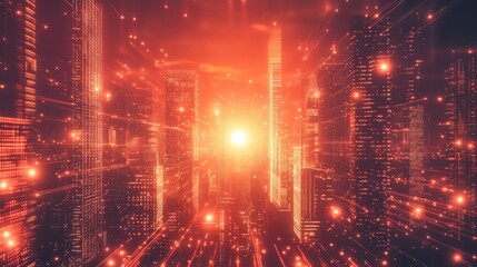 Obraz premium Creative glowing city skyline with abstract metaverse wallpaper. Digital future and cyberpunk concept. Double exposure