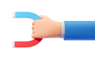 Hand holding a red and blue horseshoe magnet, 3D rendering, white background. Concept of attraction, magnetism, power. 3D Rendering