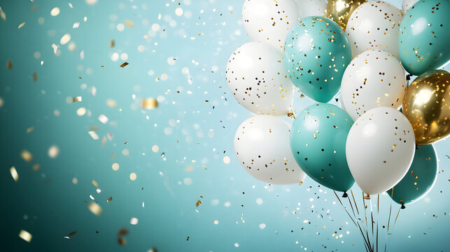 fondo con globos elegantes y divertidos con confeti dorado brillante para invitacion de celebracion o tarjeta de cumplea&ntilde;os con espacio de copia