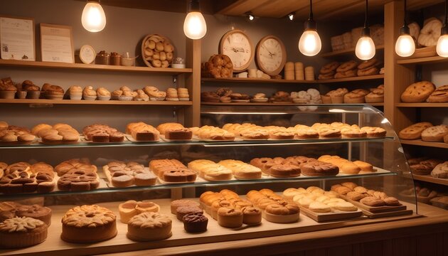 A bakery display with various freshly baked cakes, pies, and cookies . The display is set against a warm, cozy interior with wooden shelves, hanging lamps, and a busy atmosphere