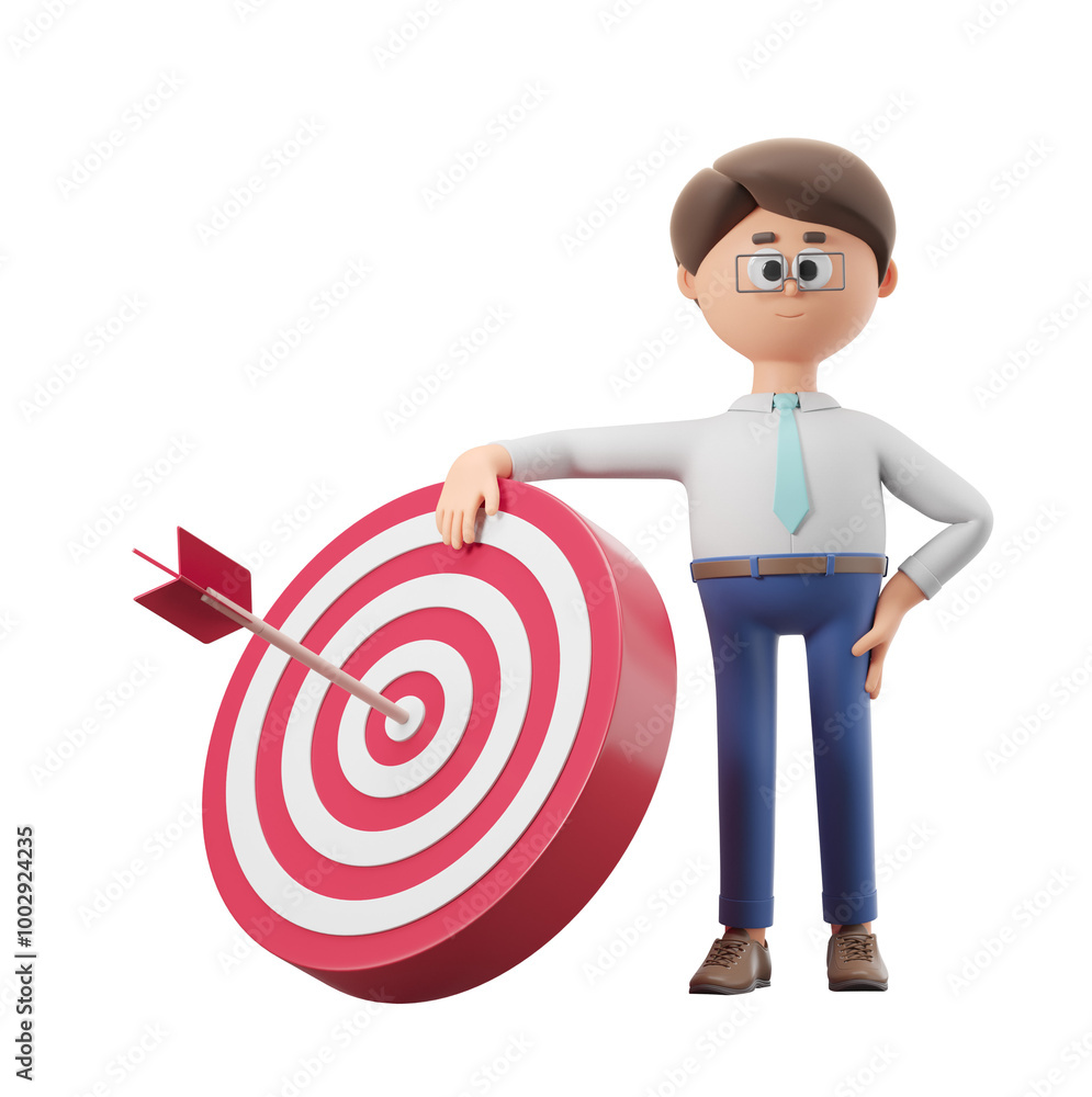 Poster 3d render of a man in business attire standing beside a red and white target with an arrow in the ce