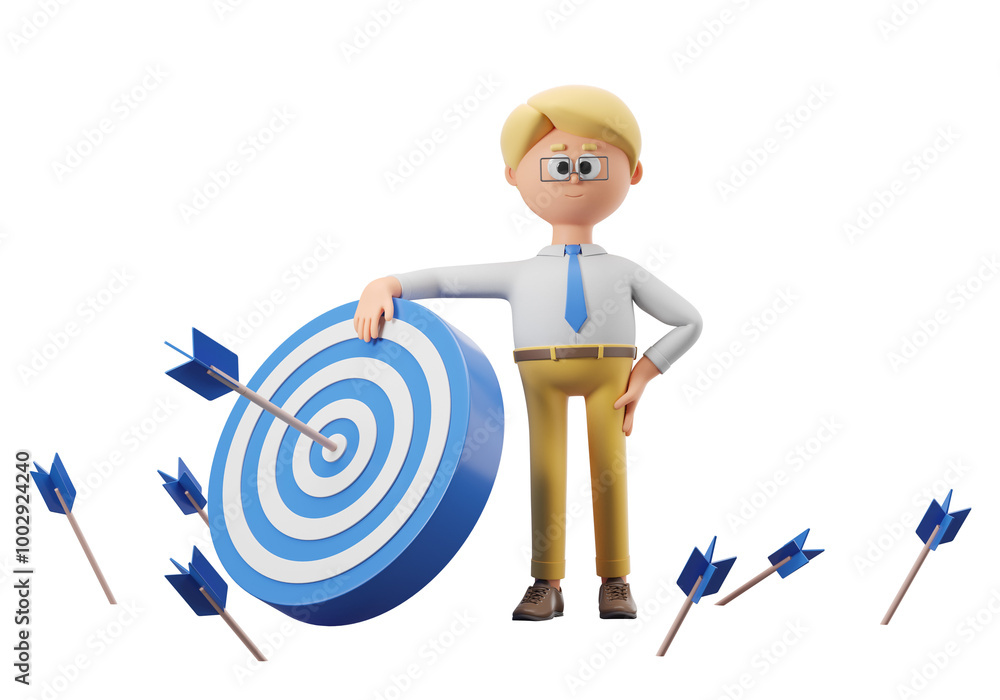 Aufkleber a man with glasses and a tie, standing next to a target with arrows, isolated on a clean white backg