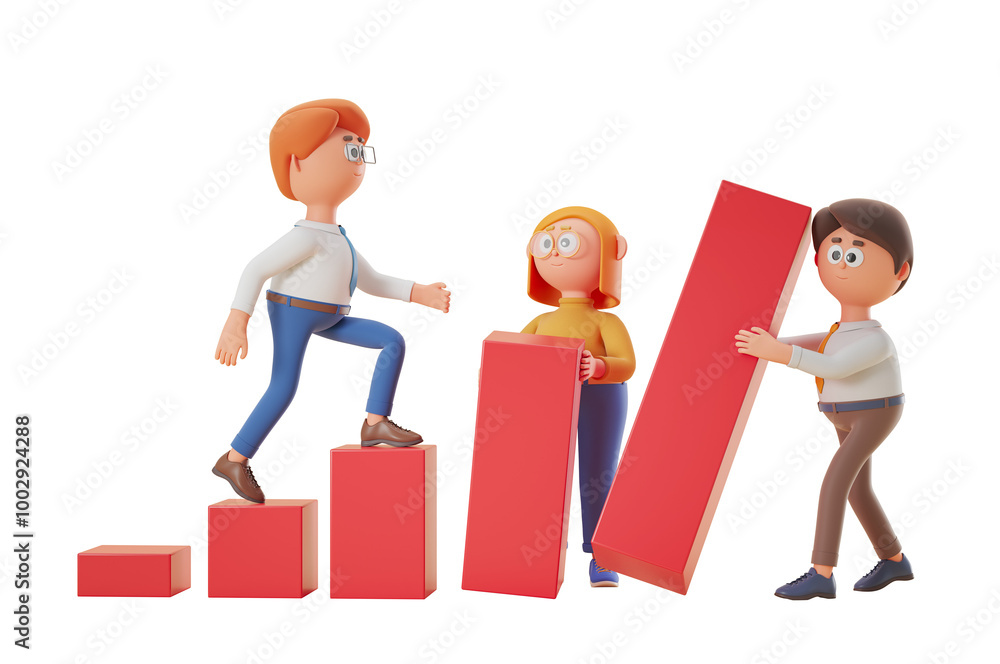 Poster three cartoon characters collaborate to build a bar graph on a white background. 3d rendering