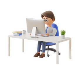 3D-rendered office worker sitting at a computer desk with books, a mug, and a plant on a white background. Concept of workplace. 3D Rendering.