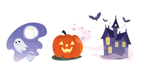 Cartoon Halloween collection. Pumpkin, dark house, ghosts, full moon.