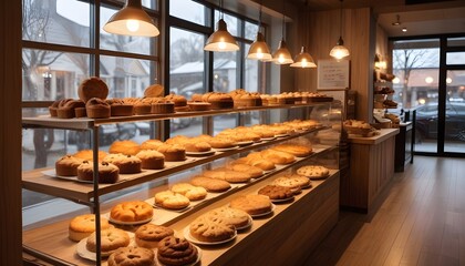 A bakery display with various freshly baked cakes, pies, and cookies . The display is set against a warm, cozy interior with wooden shelves, hanging lamps, and a busy atmosphere