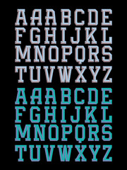 Collegiate angled alphabet with 3D vector shadow and highlight bevels.