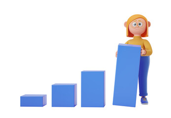 3D character holding a large blue bar beside smaller bars on a white isolated background. Concept of business growth and success. 3D Rendering