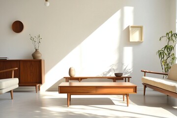 Minimalist, A Scandinavian interior photo of a modern living room with a wood cabinet and sofa and a wood table. Generative AI