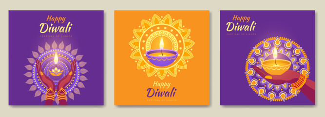 Obraz premium Three colorful posters with a design of a circle and a lighted candle in the middle. The posters are titled Happy Diwali and are decorated with a lot of colors