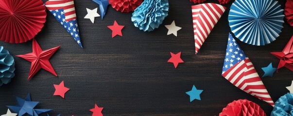 Obraz premium A festive arrangement of red, white, and blue decorations on a dark wooden background, perfect for celebrations and events.
