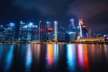 Obraz premium This image showcases a vibrant urban skyline at night, with colorful lights reflecting beautifully on the tranquil water, illustrating a breathtaking cityscape view.