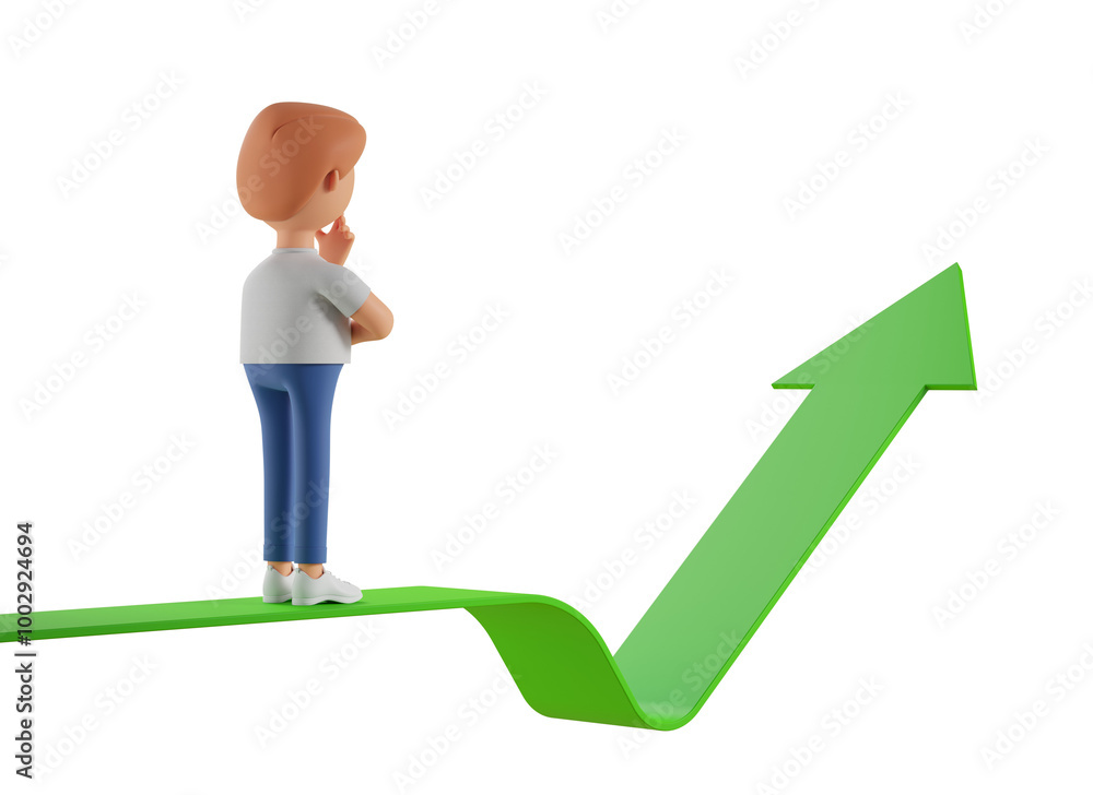 Poster 3d character standing on a green upward arrow, pondering. isolated on a white background. concept of