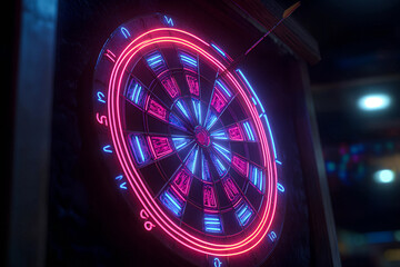 Vibrant Close-Up Neon-Illuminated Dartboard Against a Deep Dark Background, Highlighting Glowing Details and Brightly Colored Target Rings – Striking Visual for Entertainment and Game Room Ambiance
