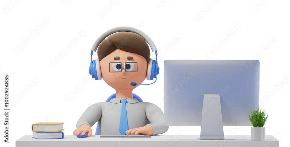 Poster 3d character wearing a headset, working at a computer desk with books and plant, isolated on a white