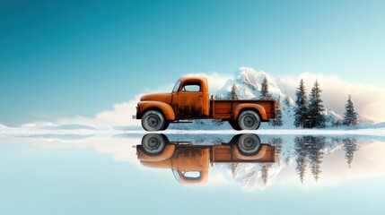 Antique Truck in Winter Landscape Reflection