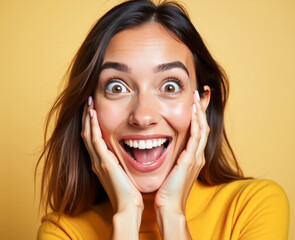 Portrait of a young beautiful woman surprised , expression of emotions