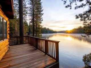 Naklejka premium Peaceful sunset view from a wooden deck overlooking a serene lake surrounded by tall trees, perfect for relaxation and nature lovers.