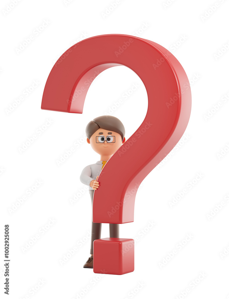 Poster a 3d render of a man holding a large red question mark. the figure is isolated on a white background