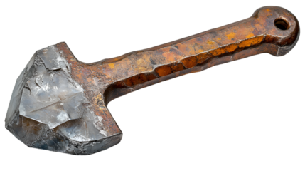 a rusty hammer with a long handle. 