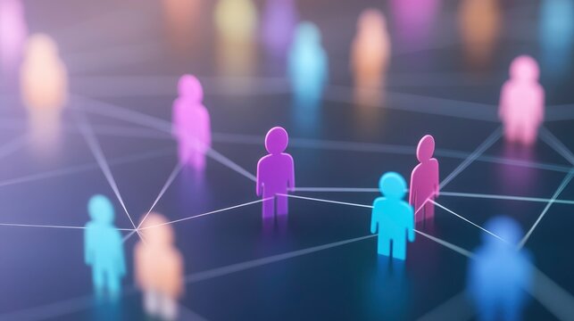 A digital network with colorful figures of people connected by lines, representing the idea that social media platforms can connect us to new friends and business models