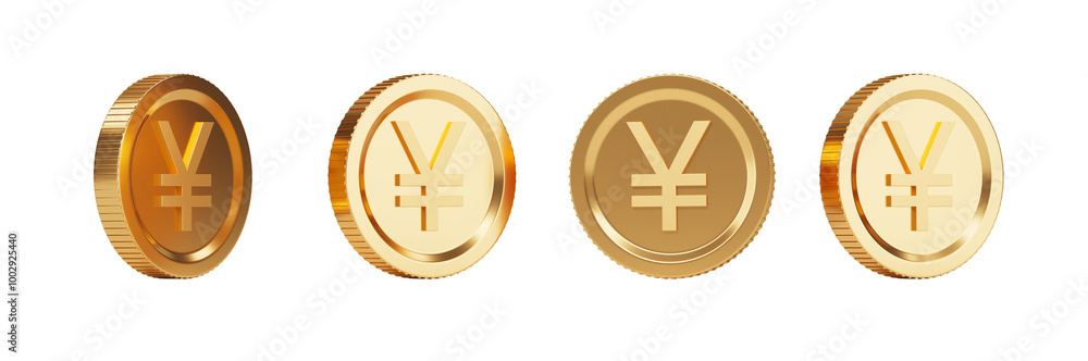 Poster four golden yen coins in various angles, isolated on a white background. 3d rendering. concept of ja