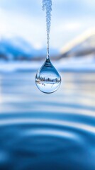 A drop of water, suspended in mid-air with ice crystals hanging from it, reflects the surrounding scenery. The background is an icy lake, and ripples can be seen on its surface.